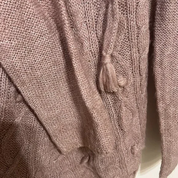 PrAna Shelby Poncho Sweater Pink Wool blend Wm L Boho Fringe Hem Tassle Tie Neck - Picture 4 of 9